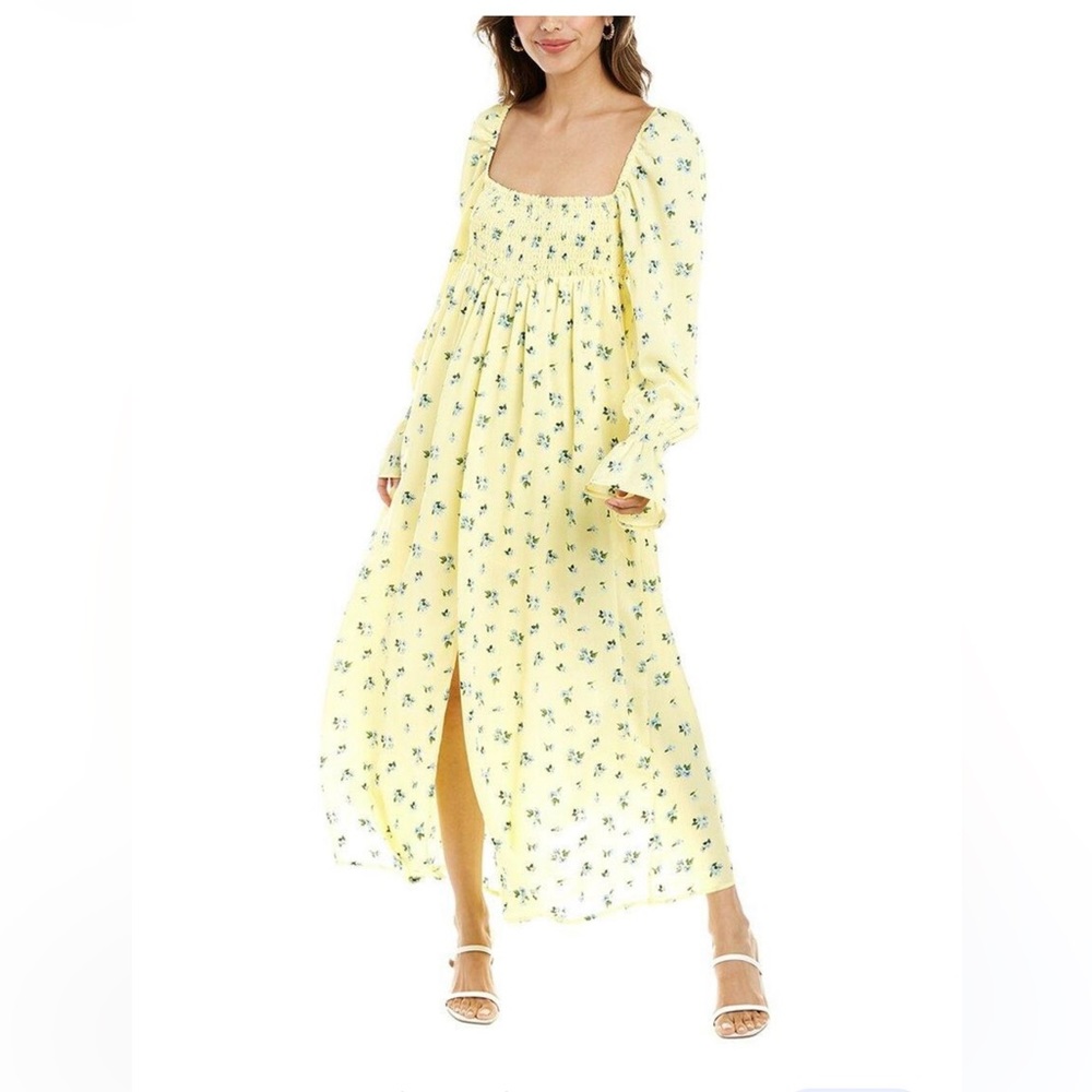 Yellow and blue floral off the shoulder midi dress
